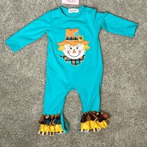 New w/ Tag Marie Nicole 12-18 month Embroidered Scarecrow Romper w Ruffled Legs
